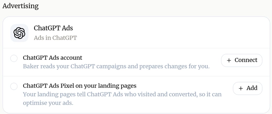 ChatGPT Ads in Integrations: connect the account and add its pixel to your pages
