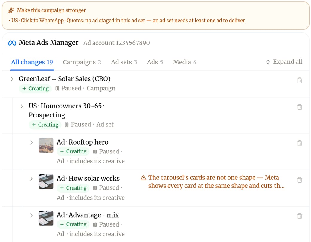 Meta changes waiting to publish, campaign by campaign, with a warning on one ad