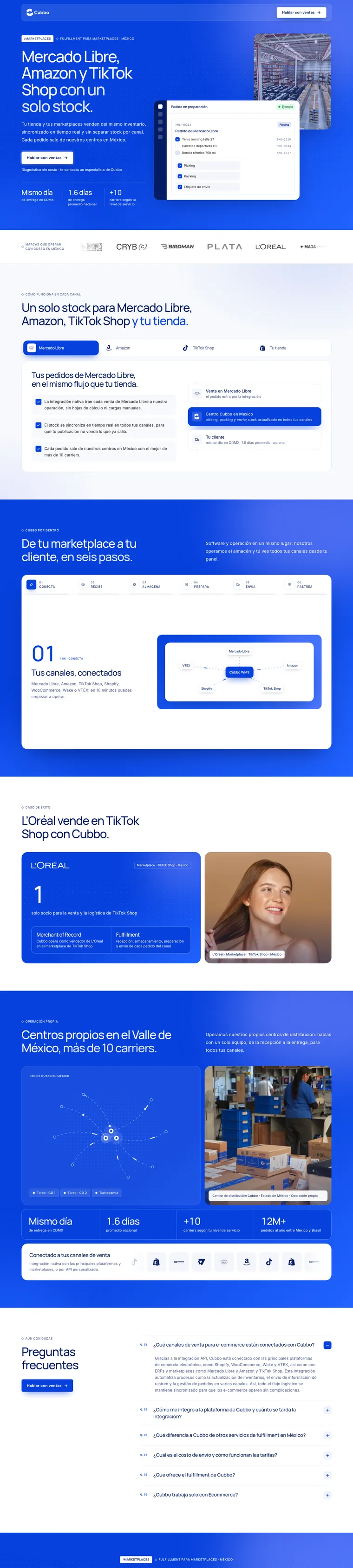 Mercado Libre, Amazon and TikTok Shop from one stock, a landing page Baker made for Cubbo
